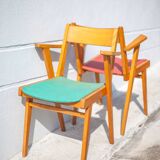Pair of wooden and skai chairs from the 50s, vintage chairs, chair with armrests, retro
