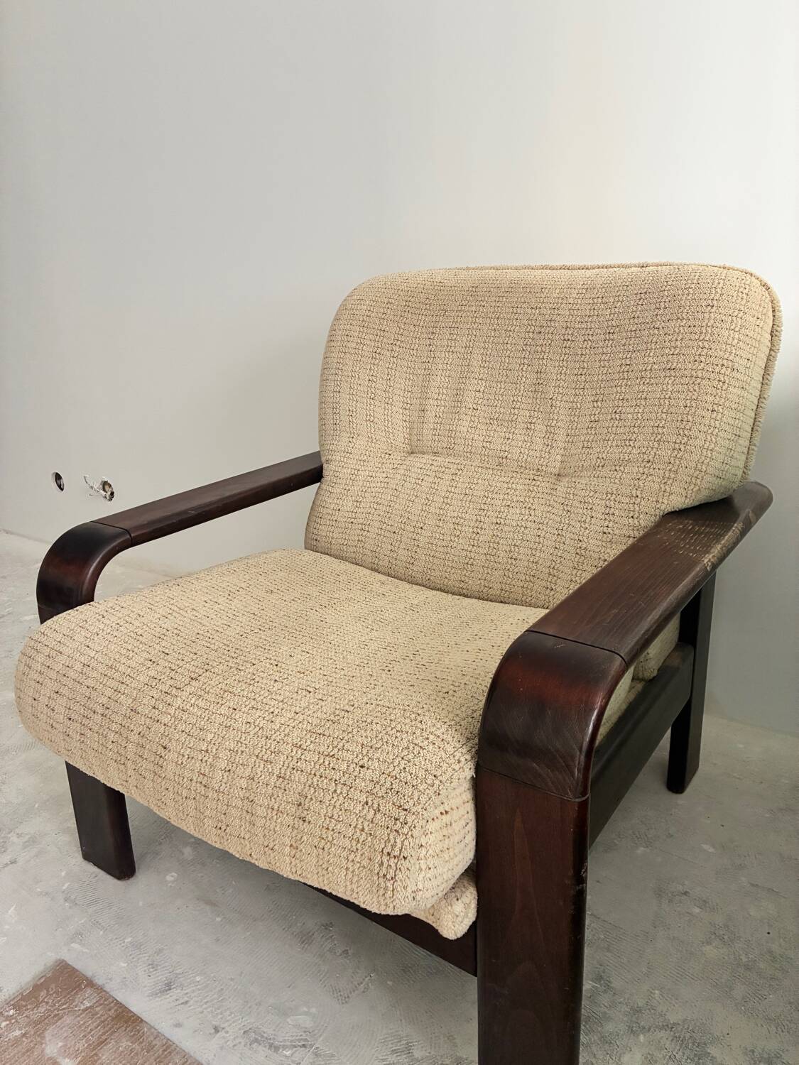 Pair of vintage beech and fabric armchairs, France, 1970s