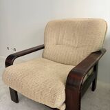 Pair of vintage beech and fabric armchairs, France, 1970s