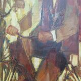 Tableau huile vintage cycliste sur son vélo Italie milieu 20ème siècle signé tableau XM