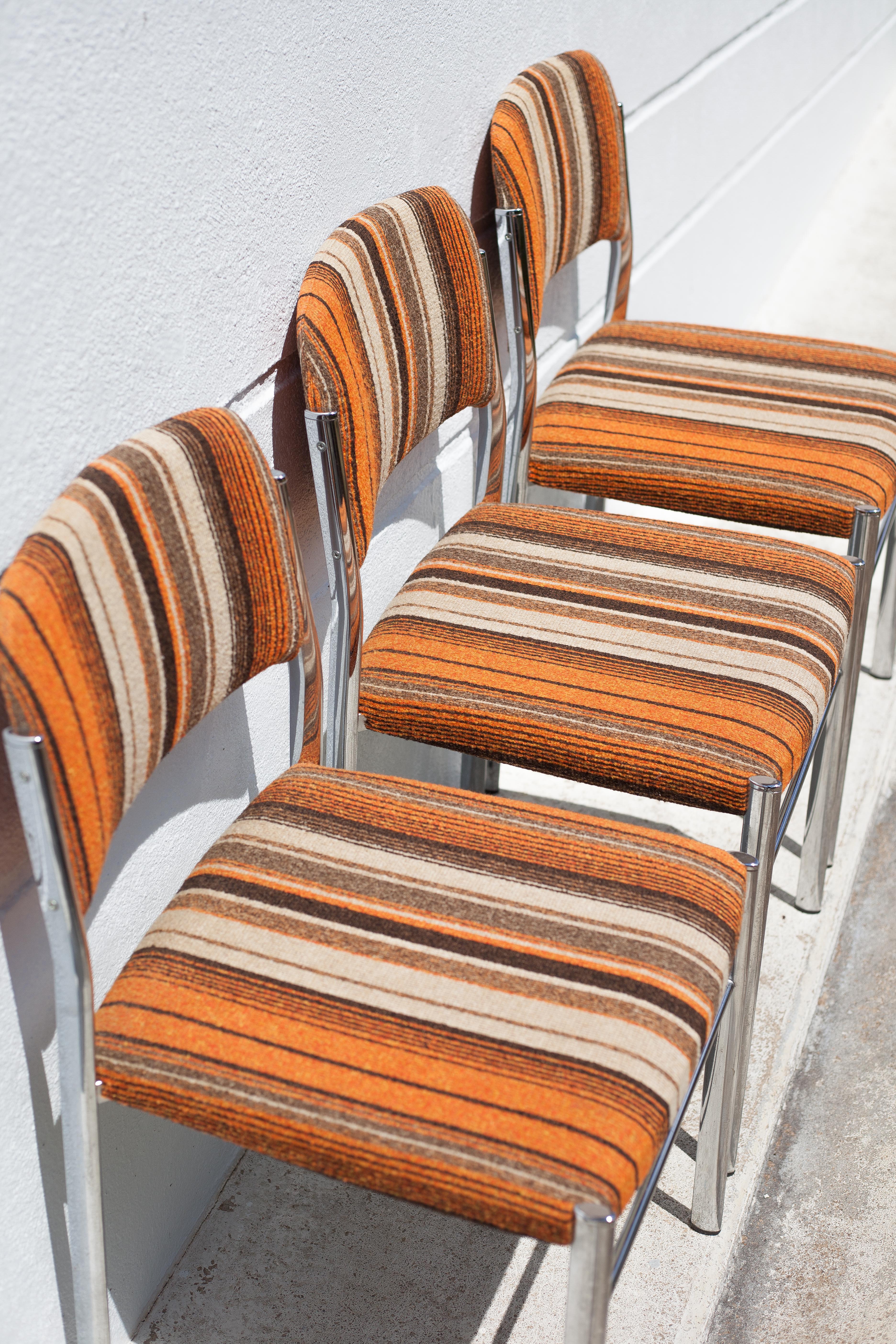 Lot 3 chairs vintage fabric, chrome metal chair, orange/brown/beige wool fabric, retro