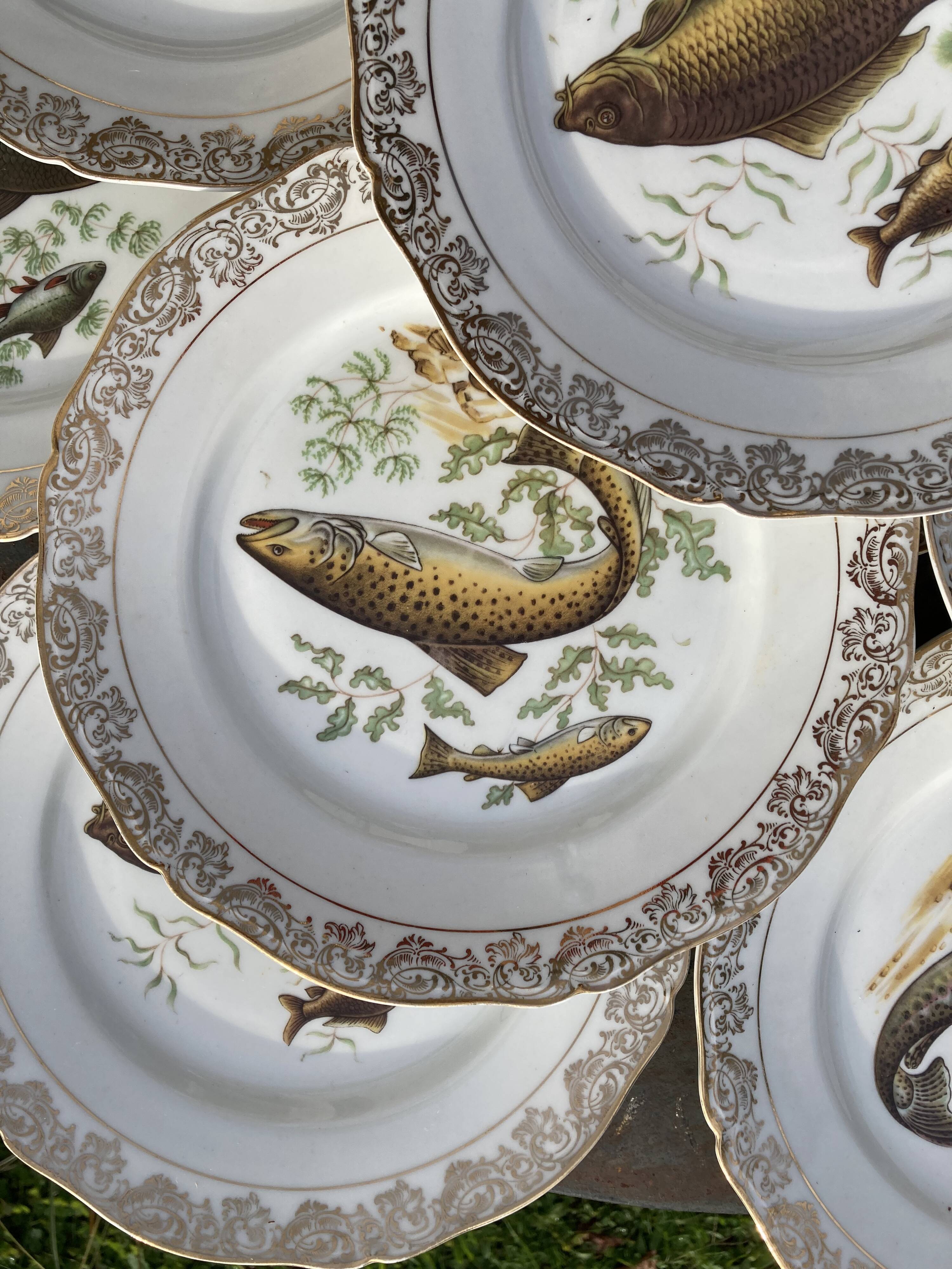 11 vintage Limoges porcelain fish plates