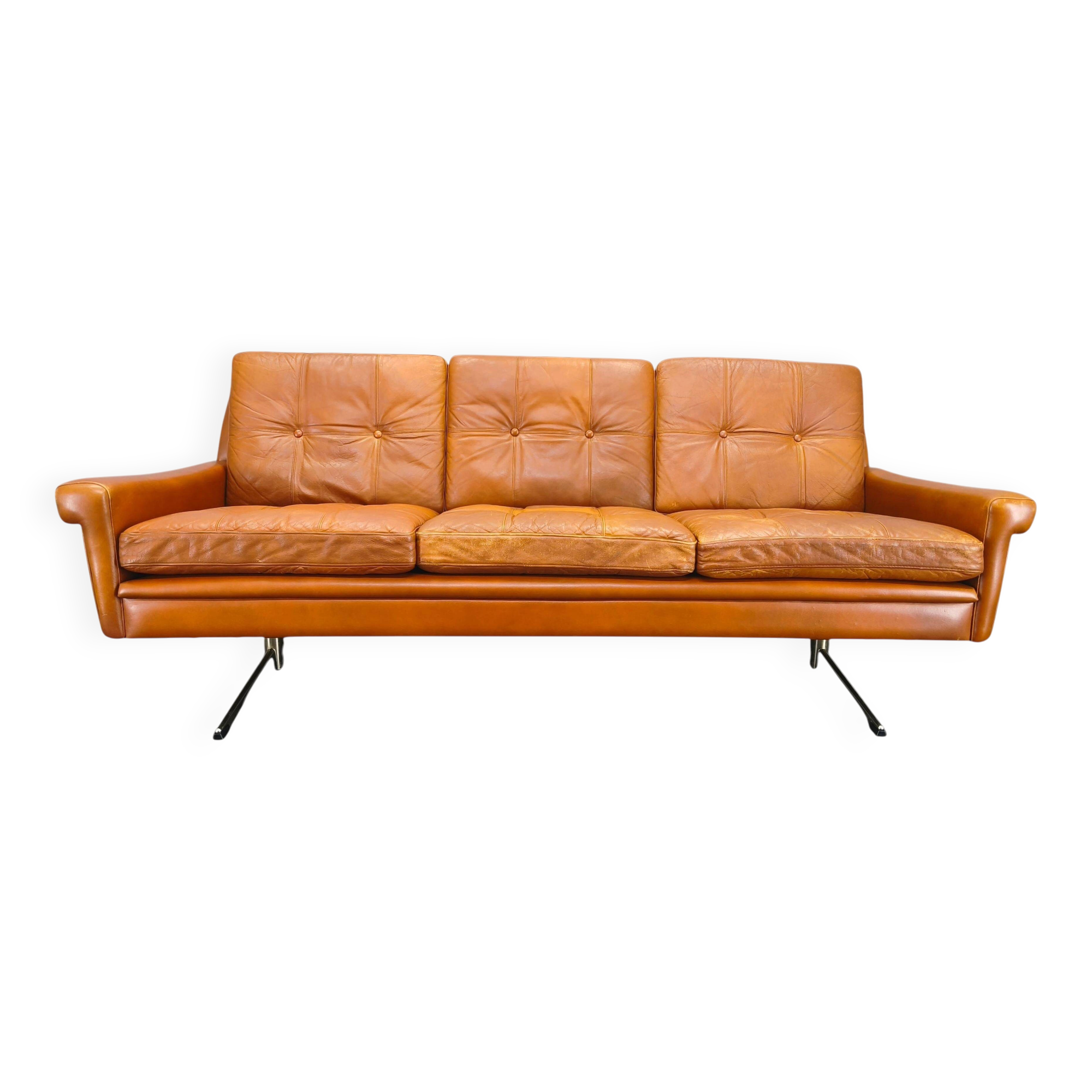 Svend Skipper Danish Leather Sofa Cognac Chrome, 1960s