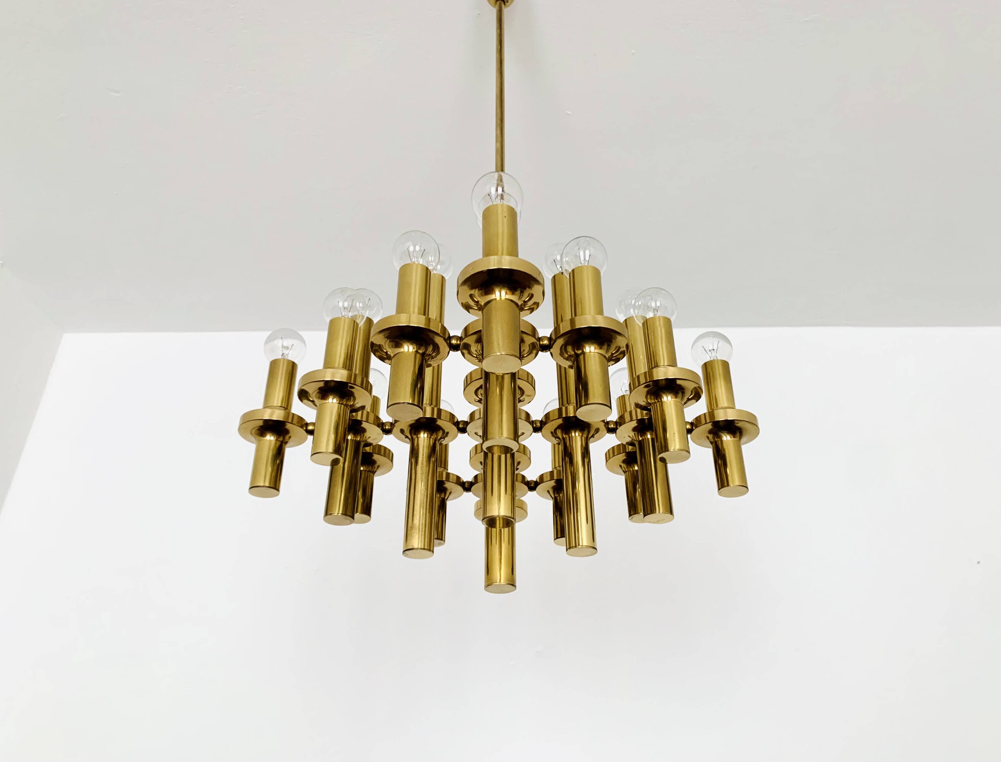 Brutalist Brass Chandelier by Gaetano Sciolari