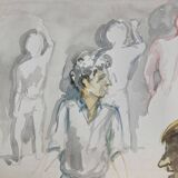 Watercolor drawing depicting people drawing in an amphitheater