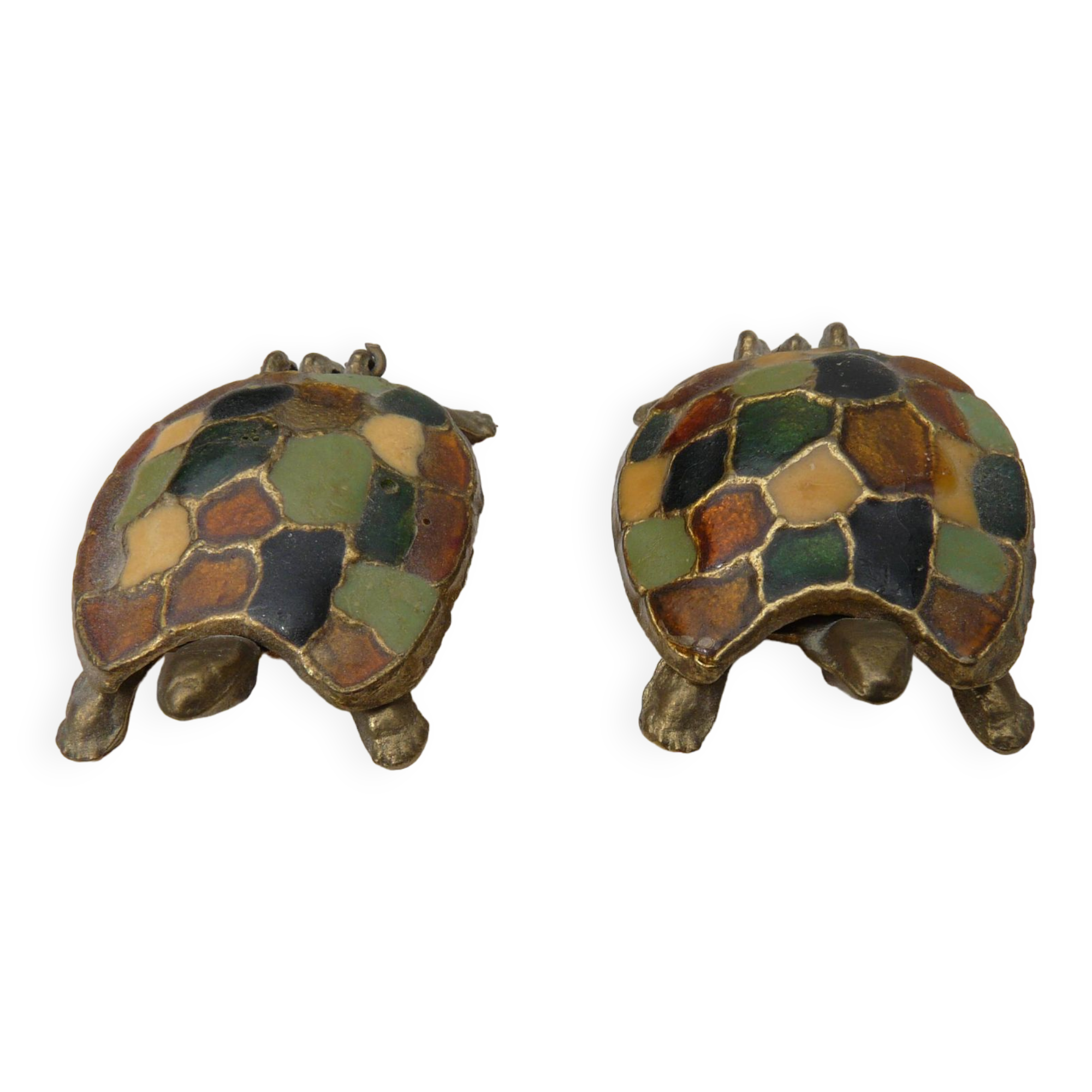 Pair of brass and enameled turtle jewelry box