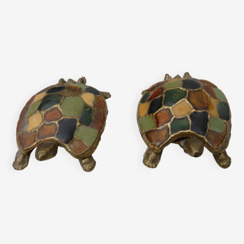 Pair of brass and enameled turtle jewelry box