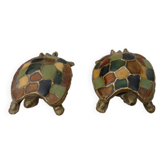 Pair of brass and enameled turtle jewelry box