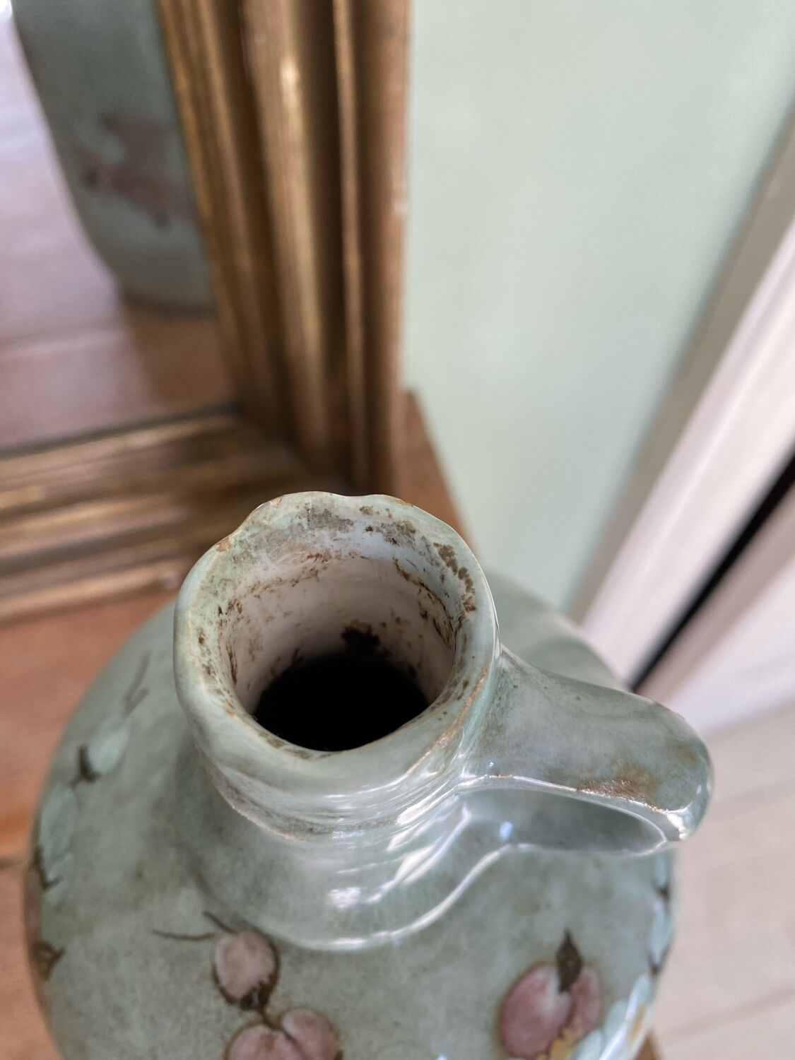 Signed ceramic bottle vase, cherry blossoms, 70s