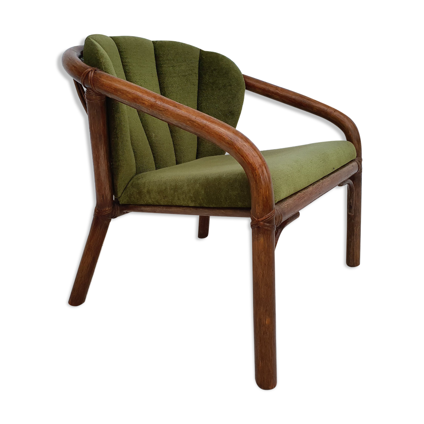 Fauteuil danois, rotin, velours, années 70
