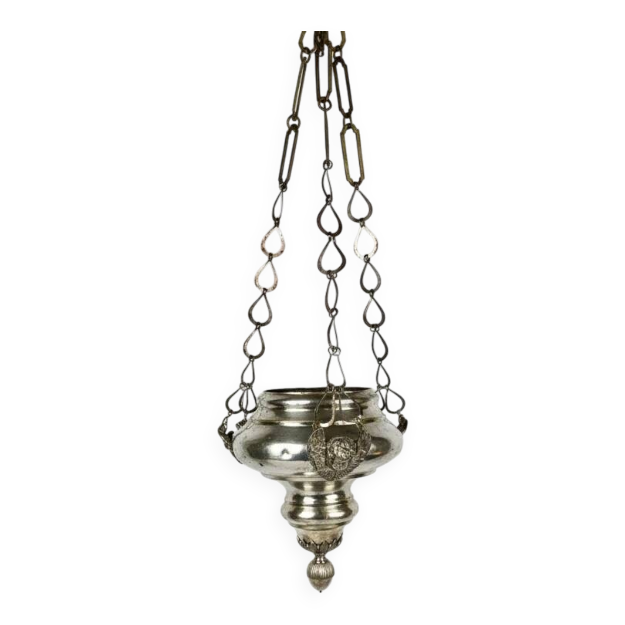 19th-century sanctuary chandelier in silver-plated brass, decorated with angels, 78 cm.