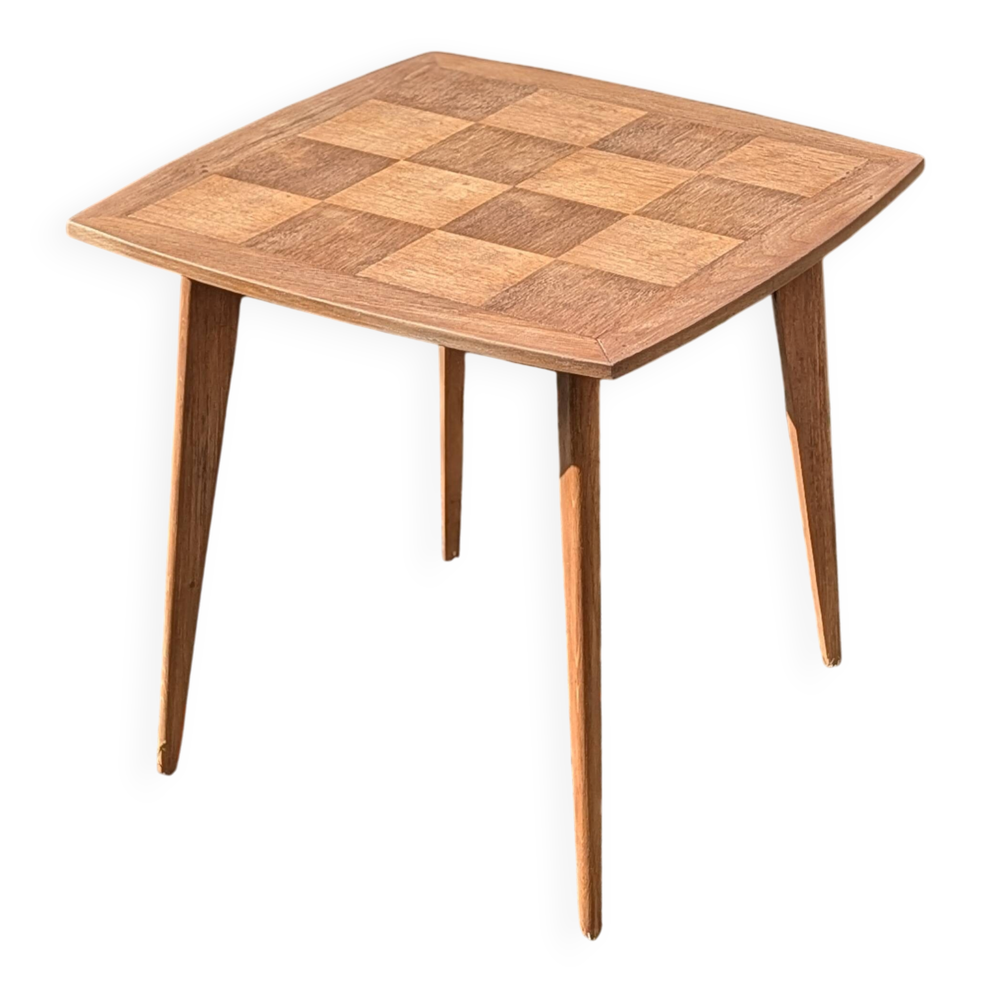 Table d'appoint vintage, plateau damier et pieds compas - Années 50/60