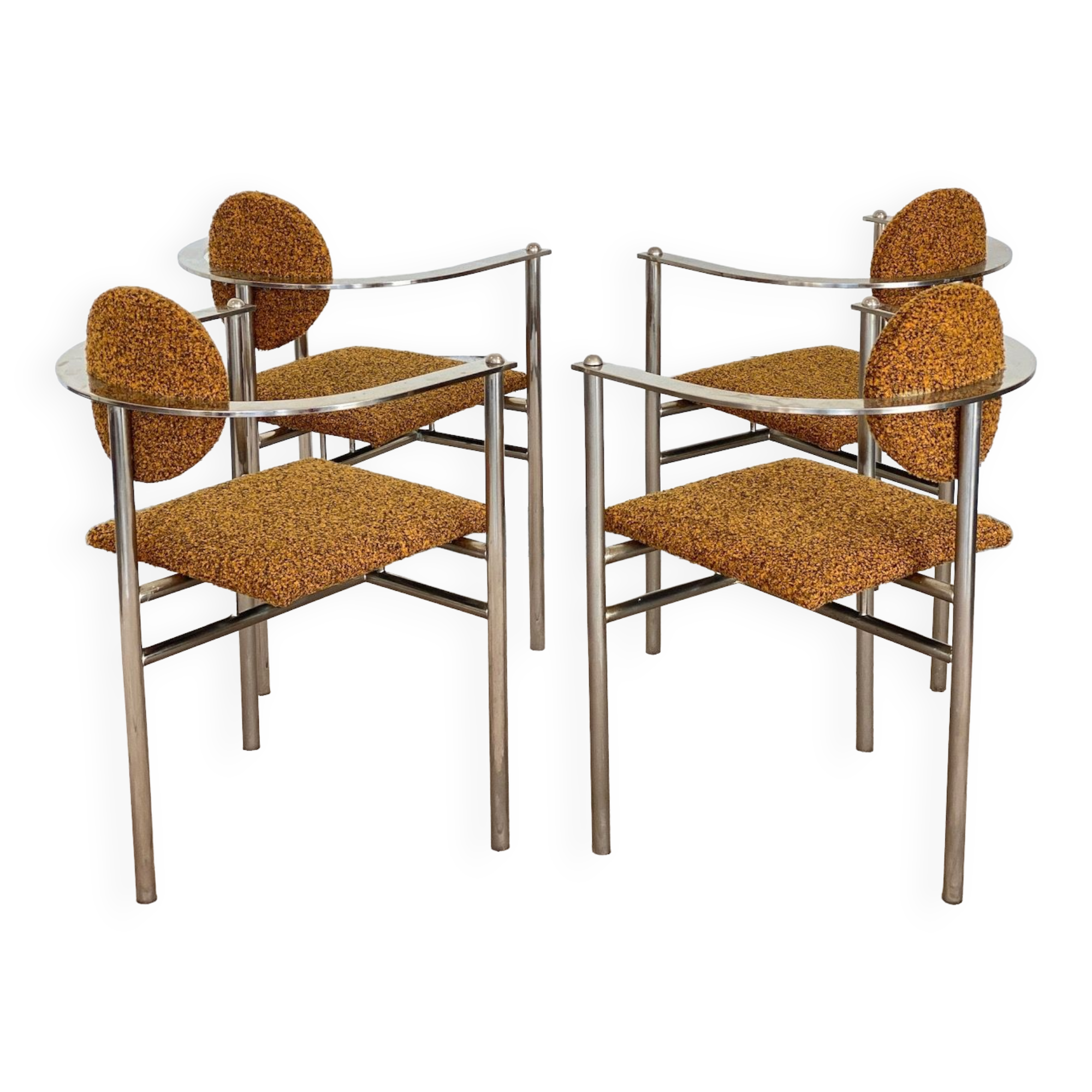 Set of 4 Belgo Chrom steel armchairs with bouclé