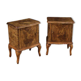 Pair of Italian bedside tables in walnut, burl, maple and fruitwood
