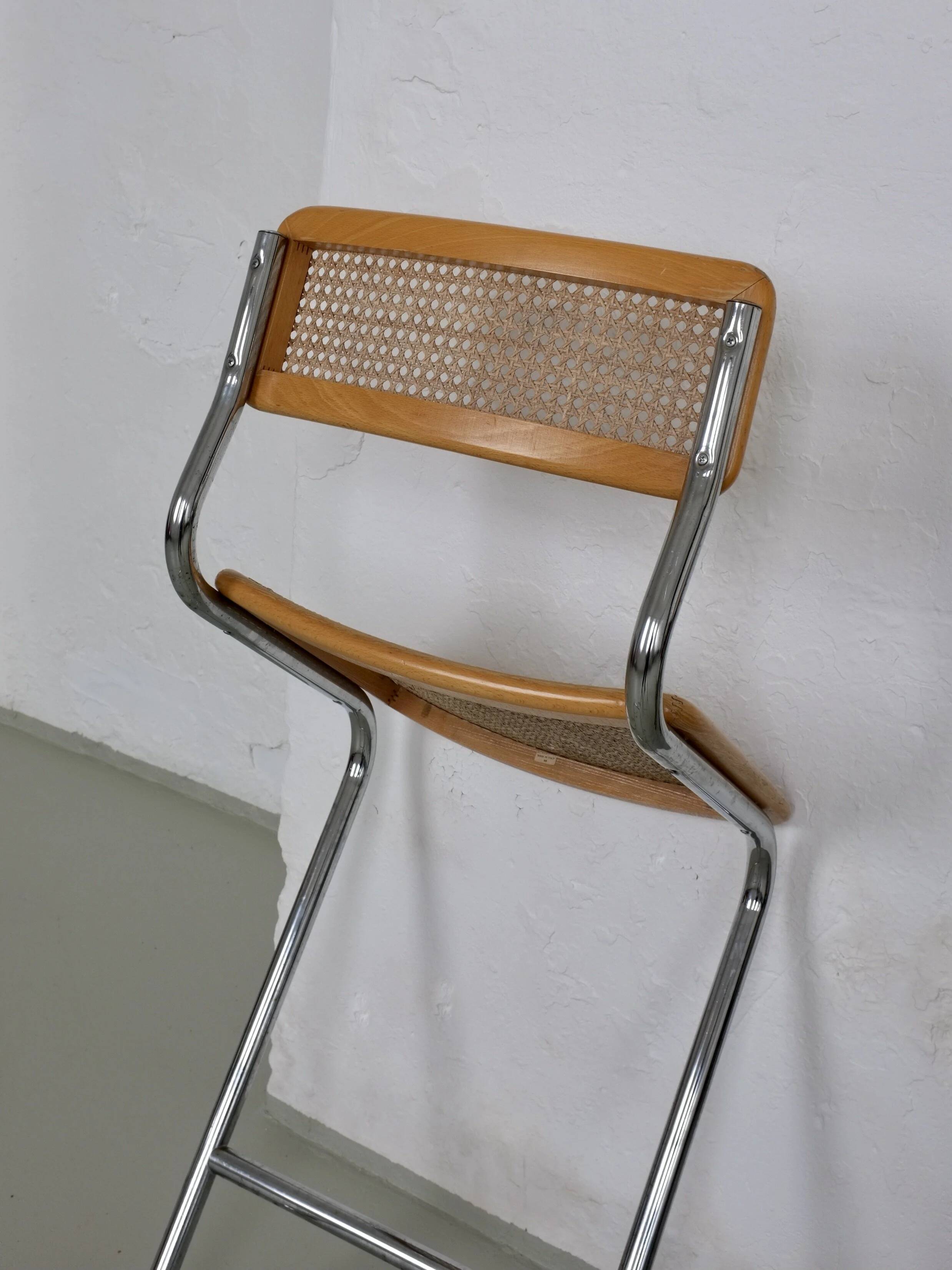 Tabouret de bar à assise tubulaire en rotin, style Marcel Breuer | Italie | Années 1970