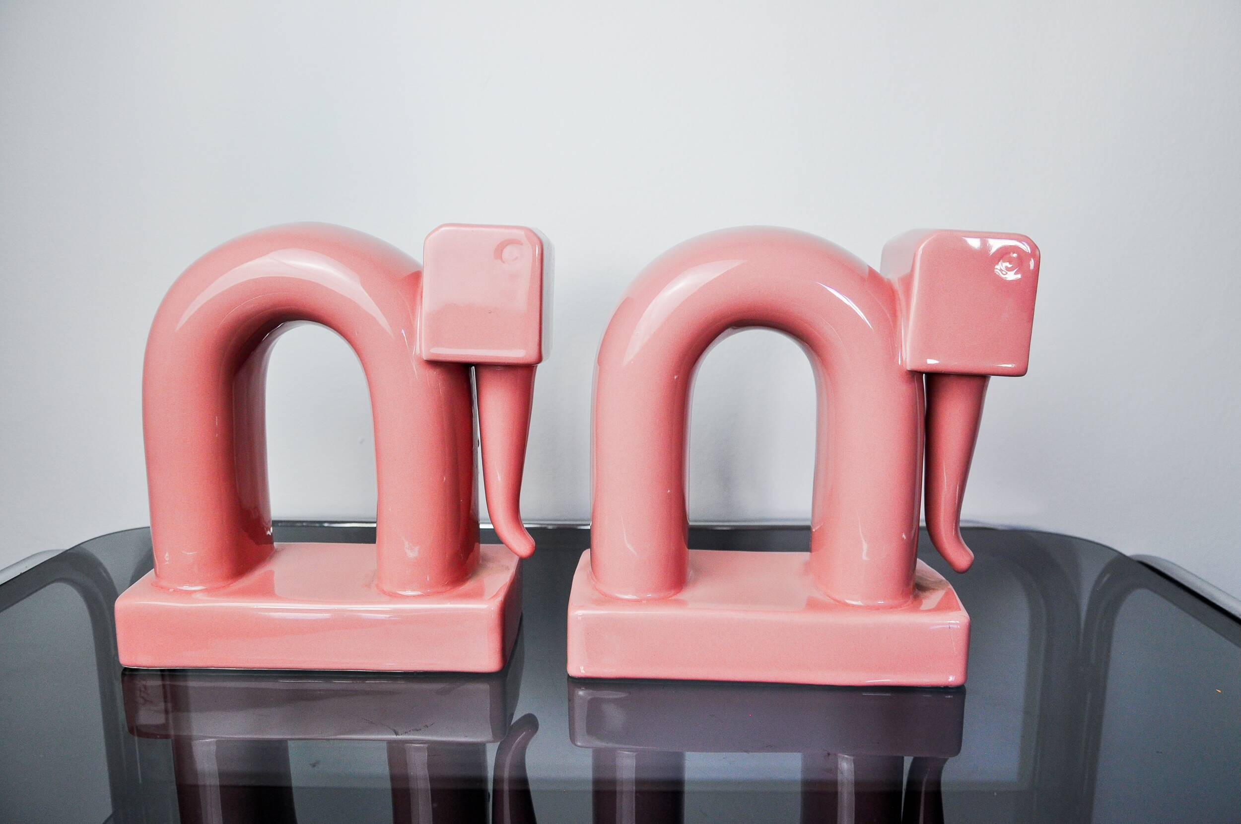 Pair of pink elephants by Guadalupe Coronado, Bookends, ceramic, Spain, 1980