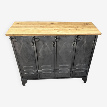 Four-door diamond-tipped metal cabinet with waxed wood top