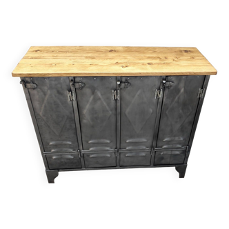 Four-door diamond-tipped metal cabinet with waxed wood top