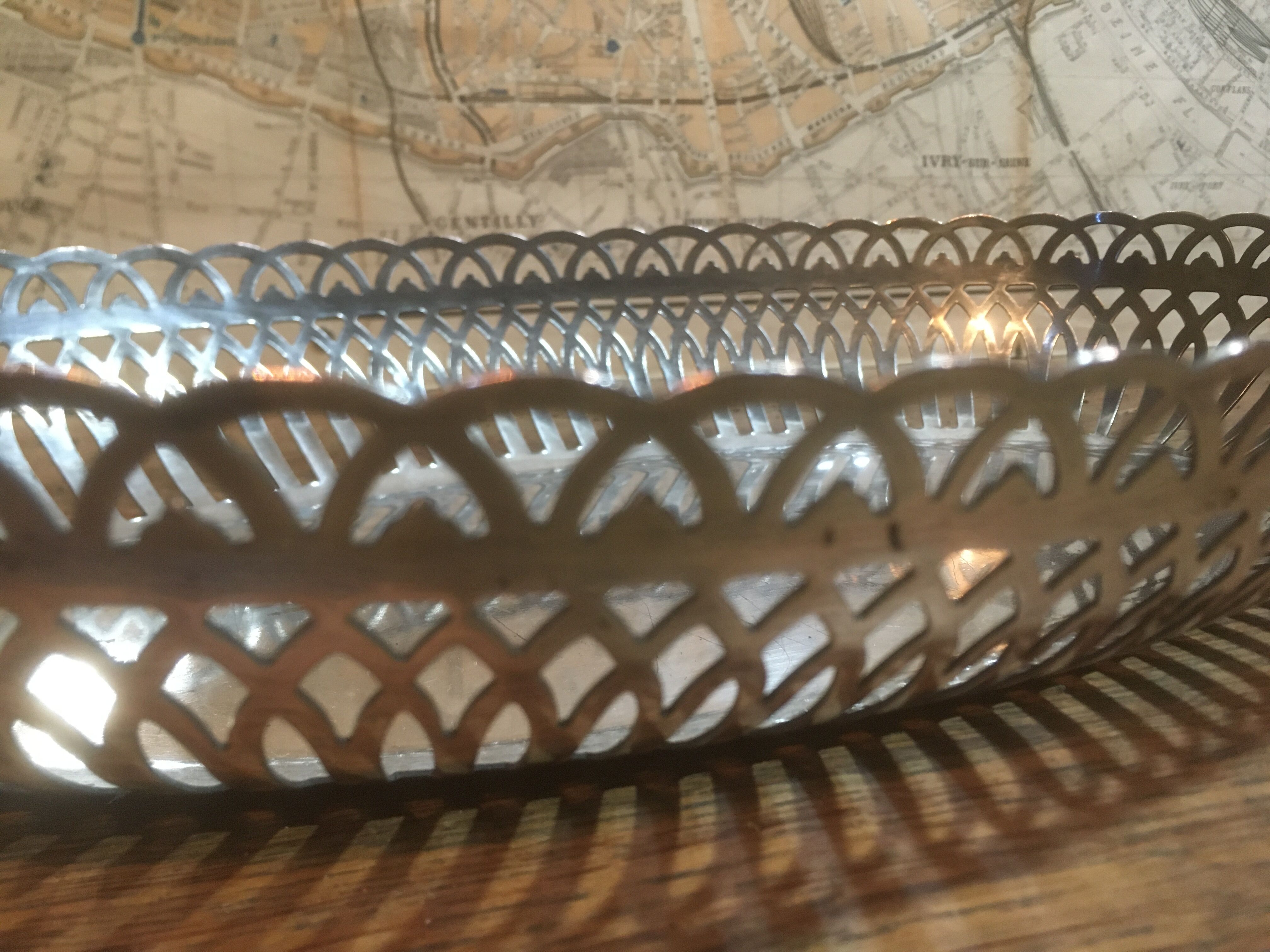 Openwork silver metal bread basket