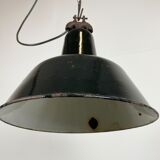 Industrial black enamel factory lamp with cast iron top, 1950s