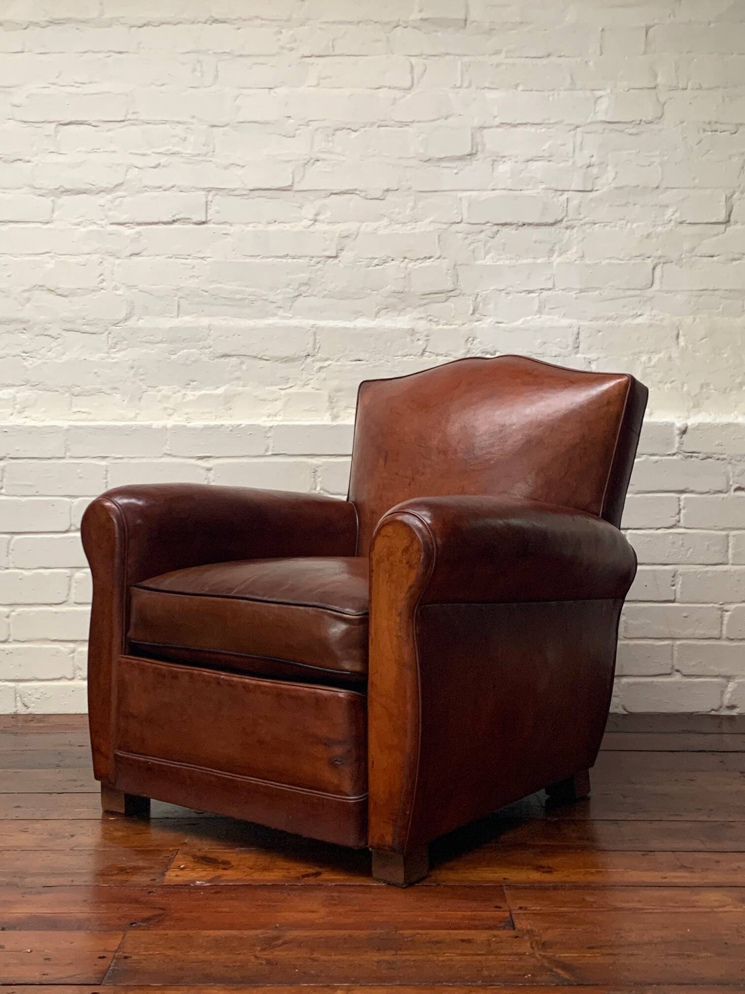 Antique French Leather Club Chair, Moustache Model, Circa 1930’s