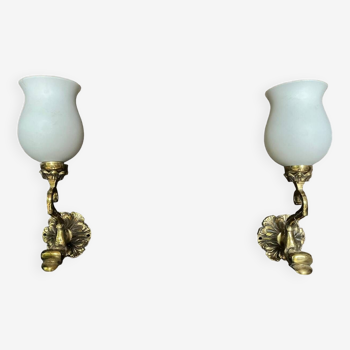 Pair of vintage opaline gilt bronze wall lights