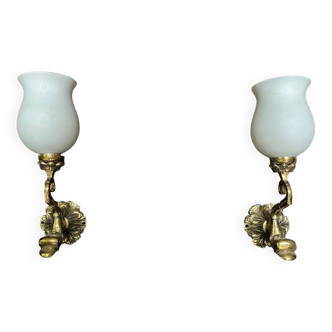 Pair of vintage opaline gilt bronze wall lights