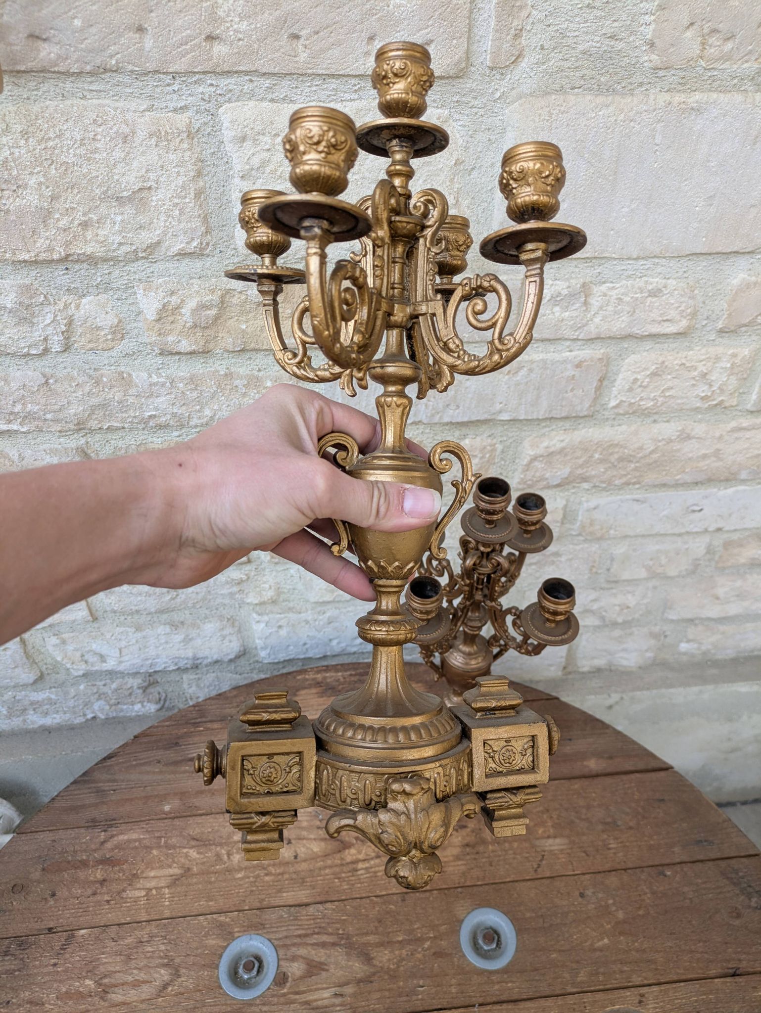 Pair of metal candelabra candle holders with 5 branches, 41cm