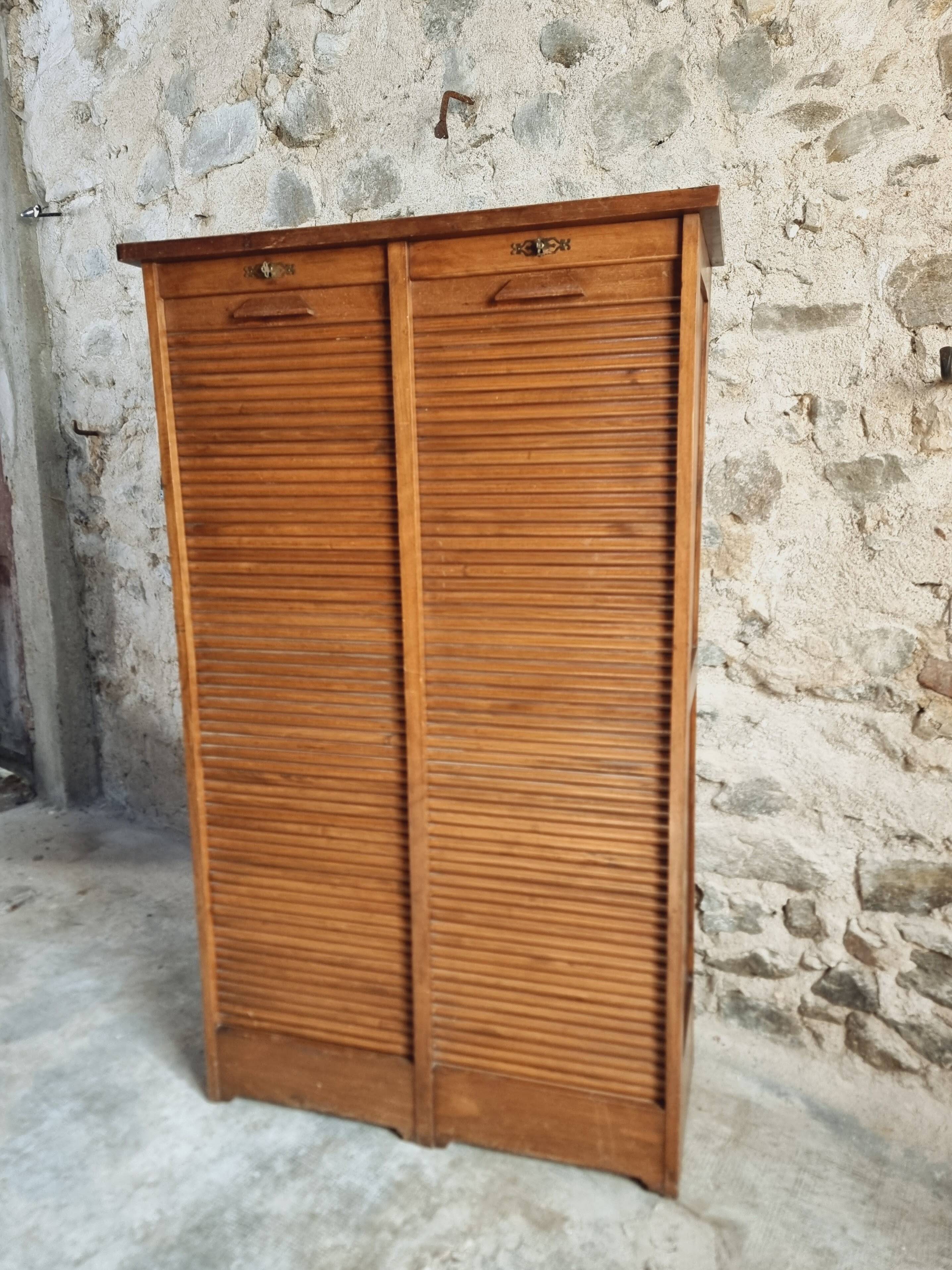 Antique filing cabinet with curtains – 1920s/30s – Beech