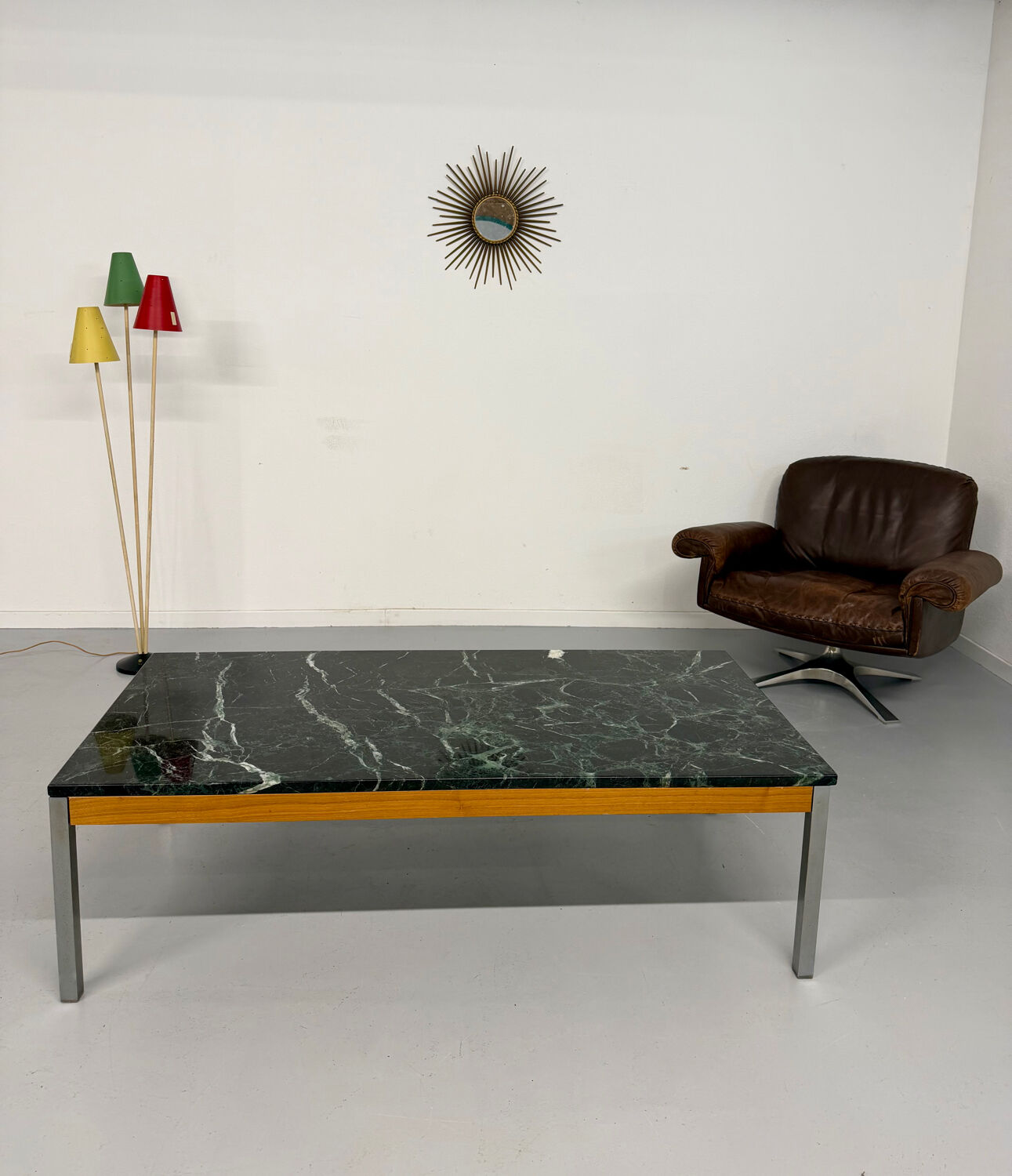 Vintage 1960s Italian design green marble and metal coffee table.