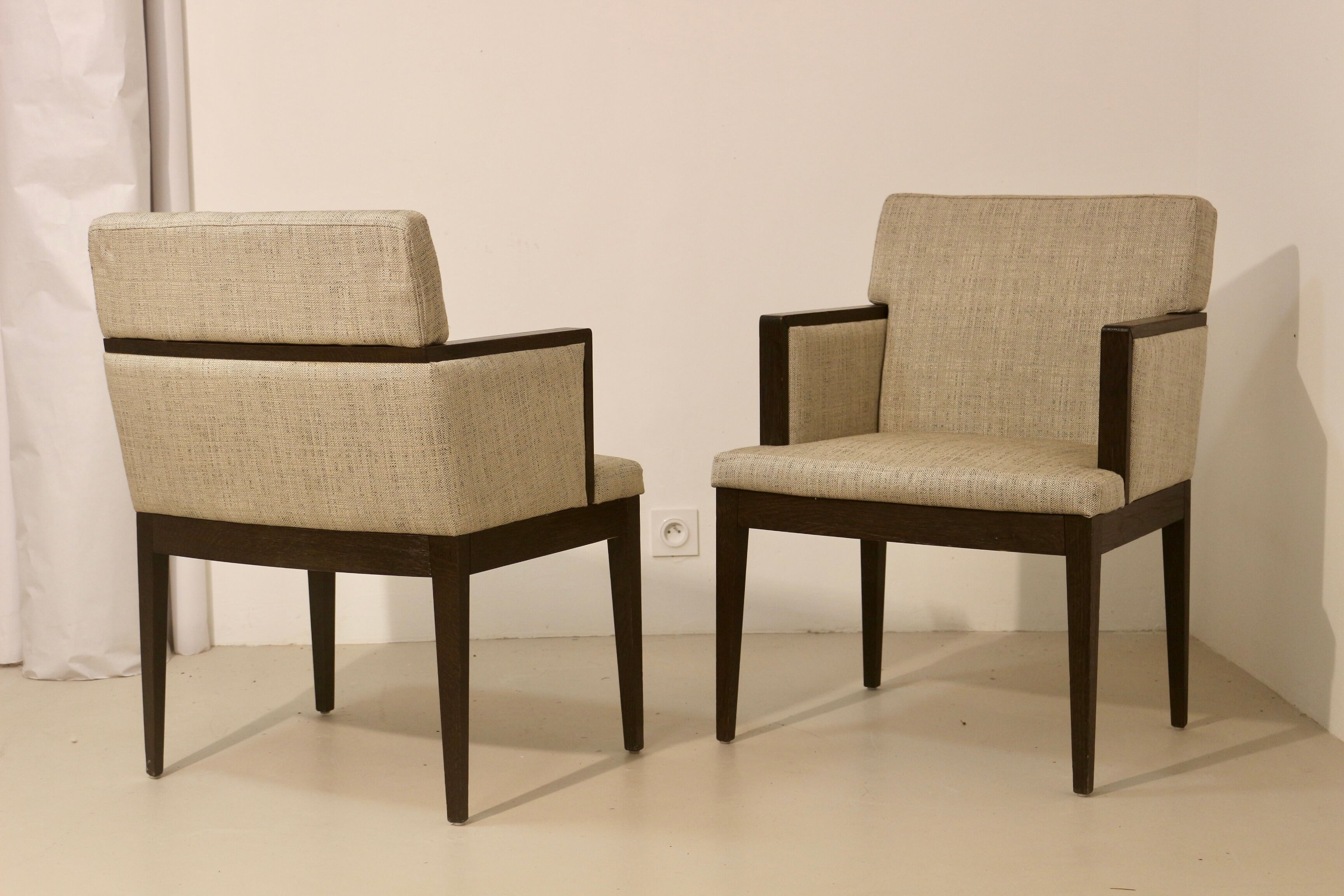 Pair of armchairs cube year 1960 fabric chiné beige restored. Sam SAM ref