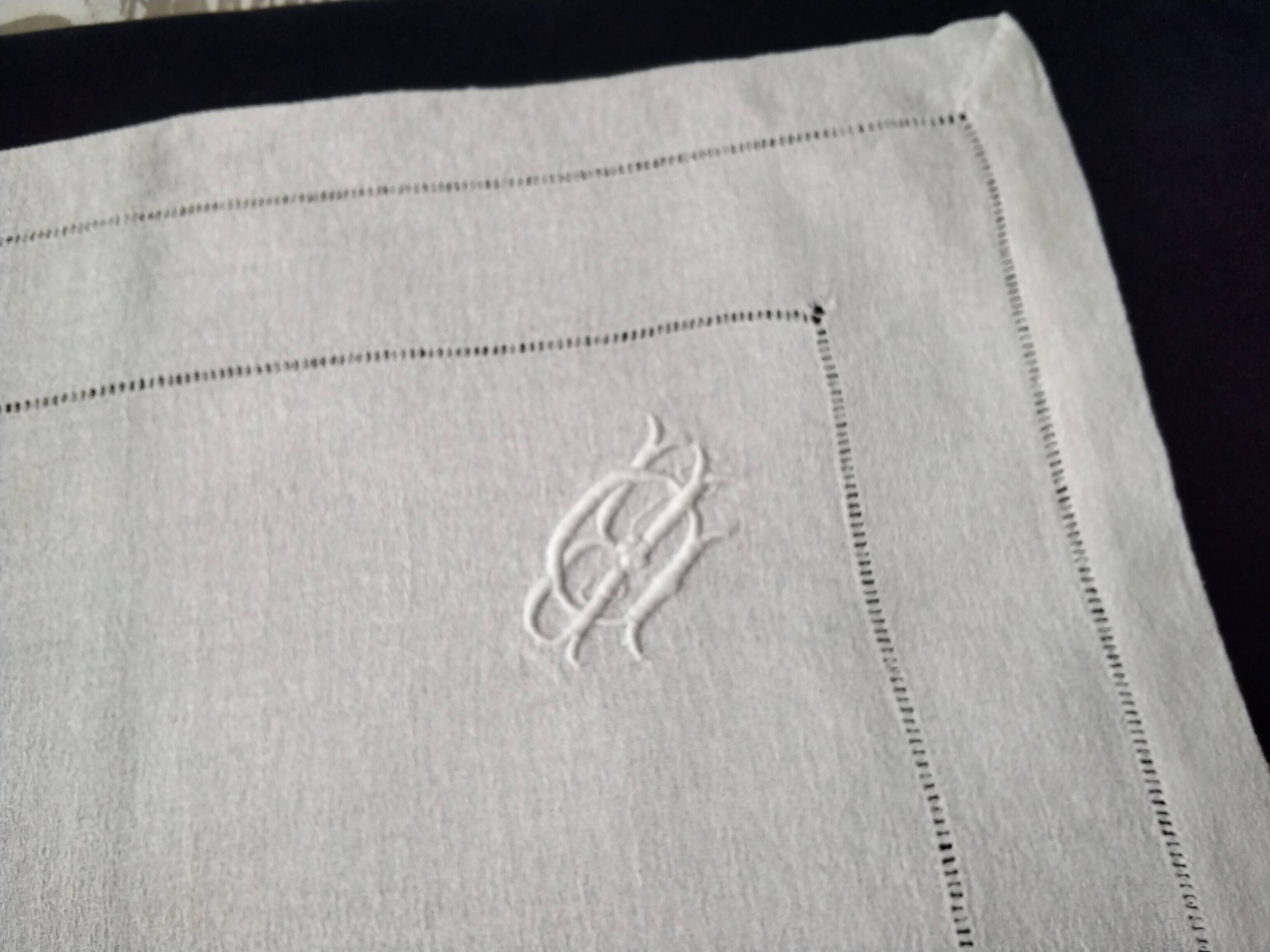 6 White damask linen napkins Monogram RD Embroidery and openwork
