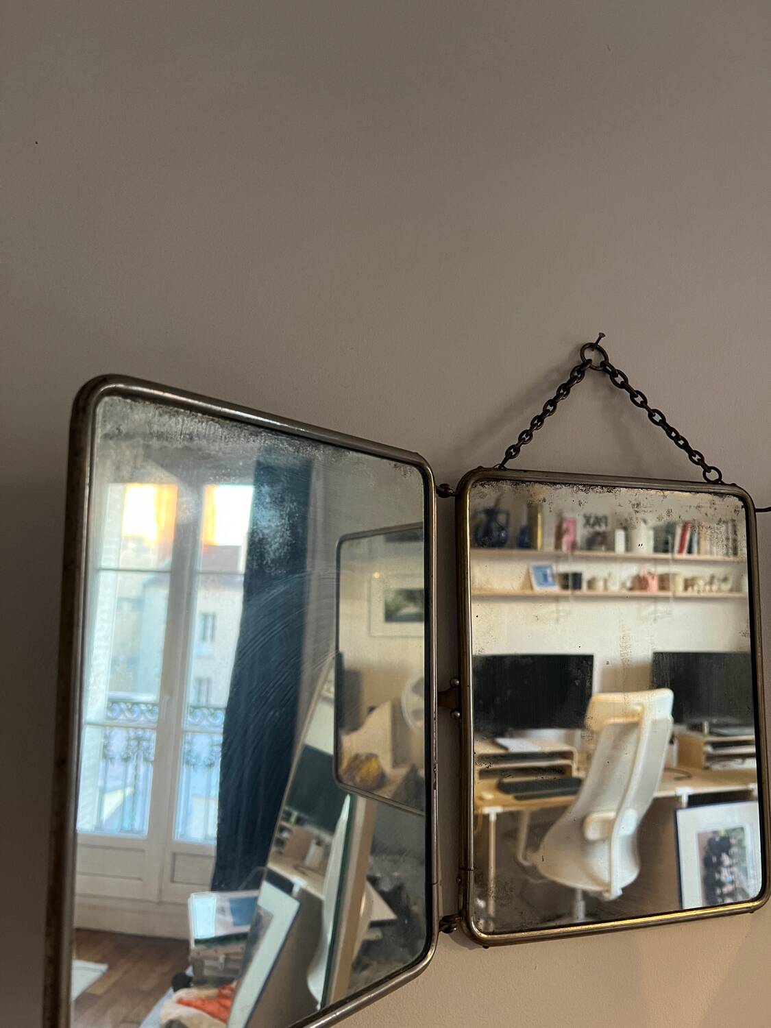 Triptych barber mirror - leather back