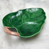 Dish - empty pocket green slip leaf veined in ceramic
