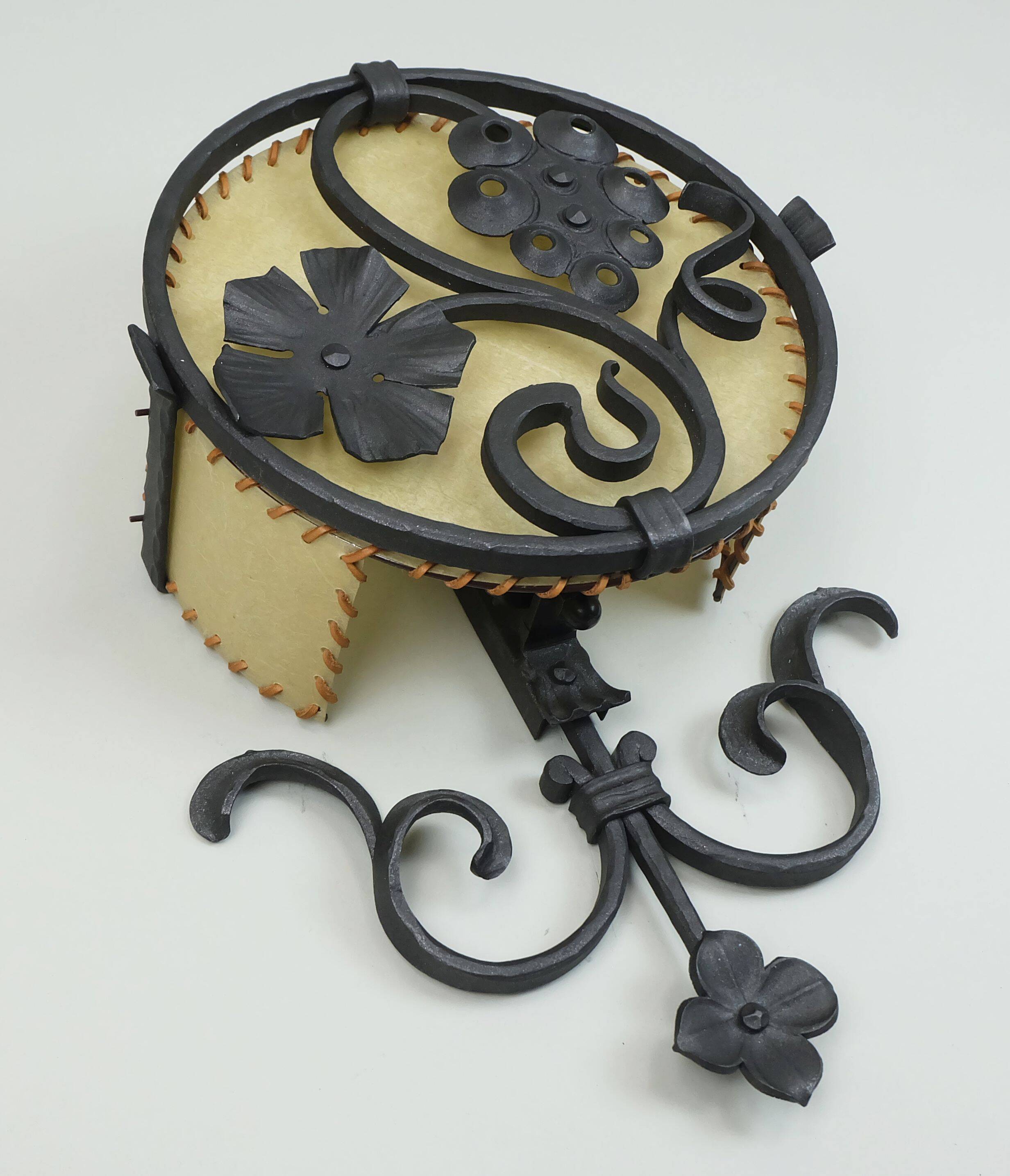 1970s WALL LAMP wrought iron and parchment koch & sons brutalist rustic