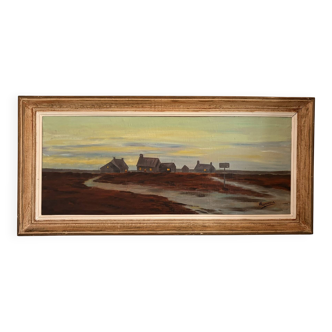 Old Large Painting Marsh Sea Countryside River Lake Hunting Fishing Signed Lemon