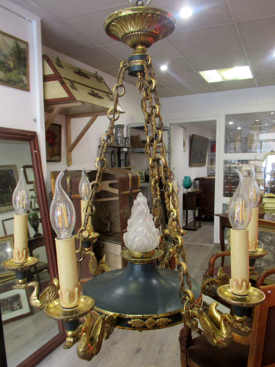 Empire style chandelier gilded bronze and green painted sheet metal
