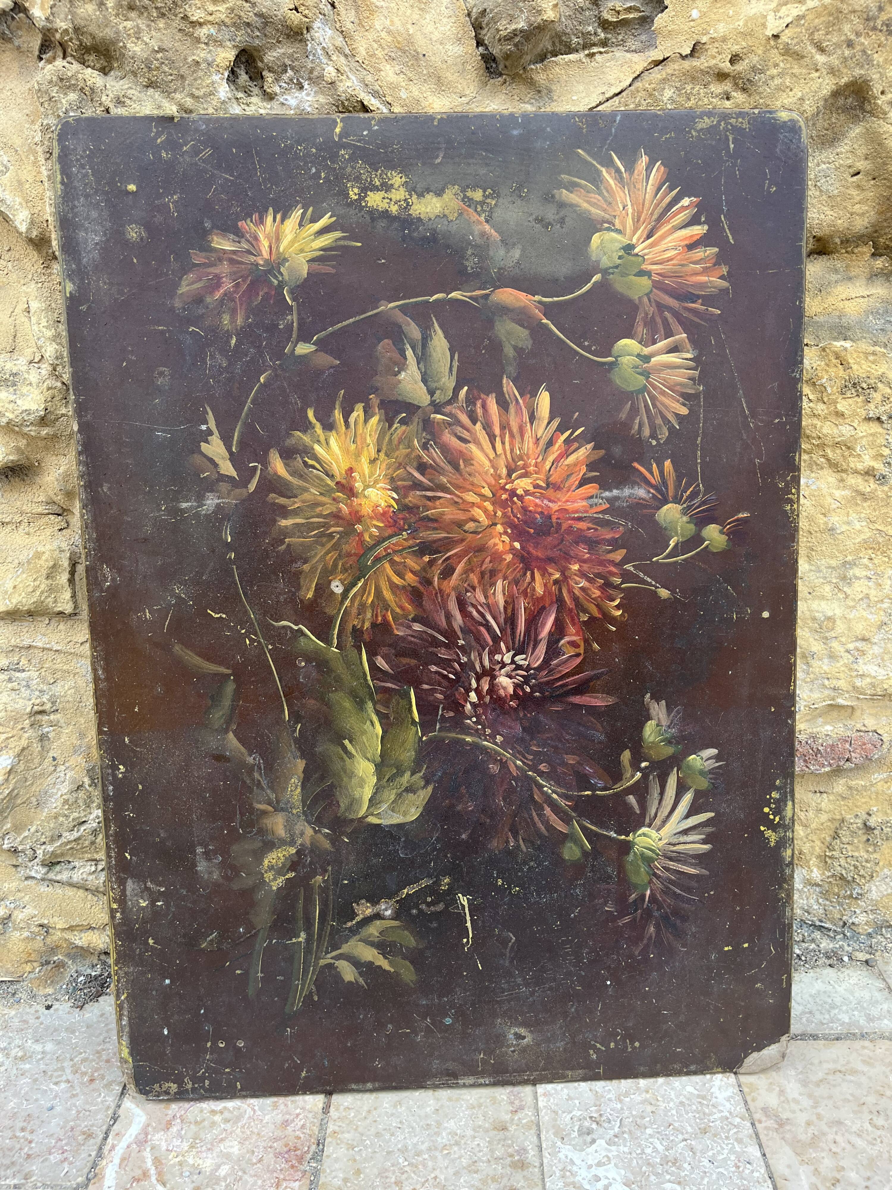 Old floral painting – bouquet of chrysanthemums – panel painting