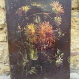 Old floral painting – bouquet of chrysanthemums – panel painting