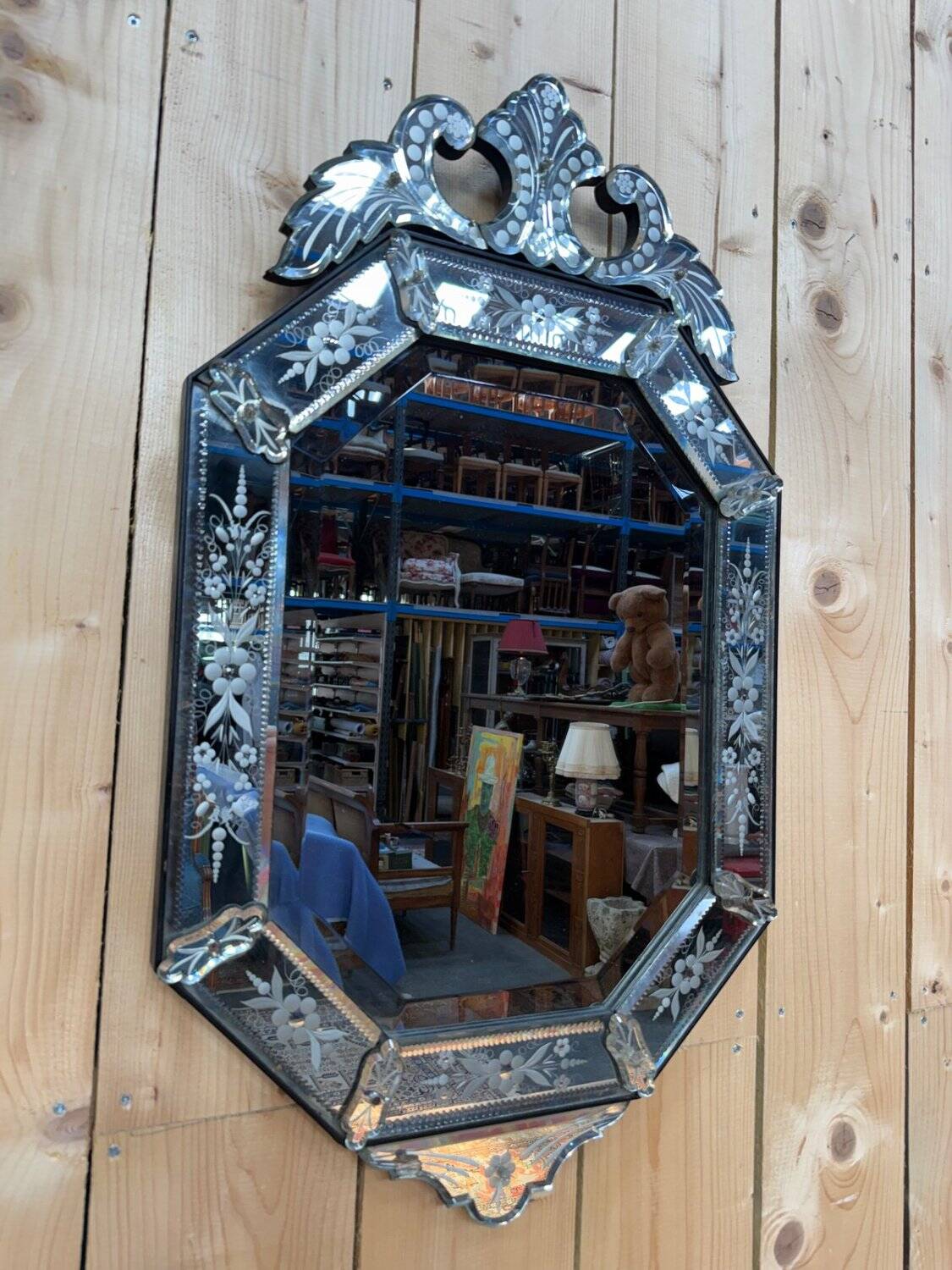 Miroir vénitien octogonal – Époque Napoléon III – Verre biseauté gravé