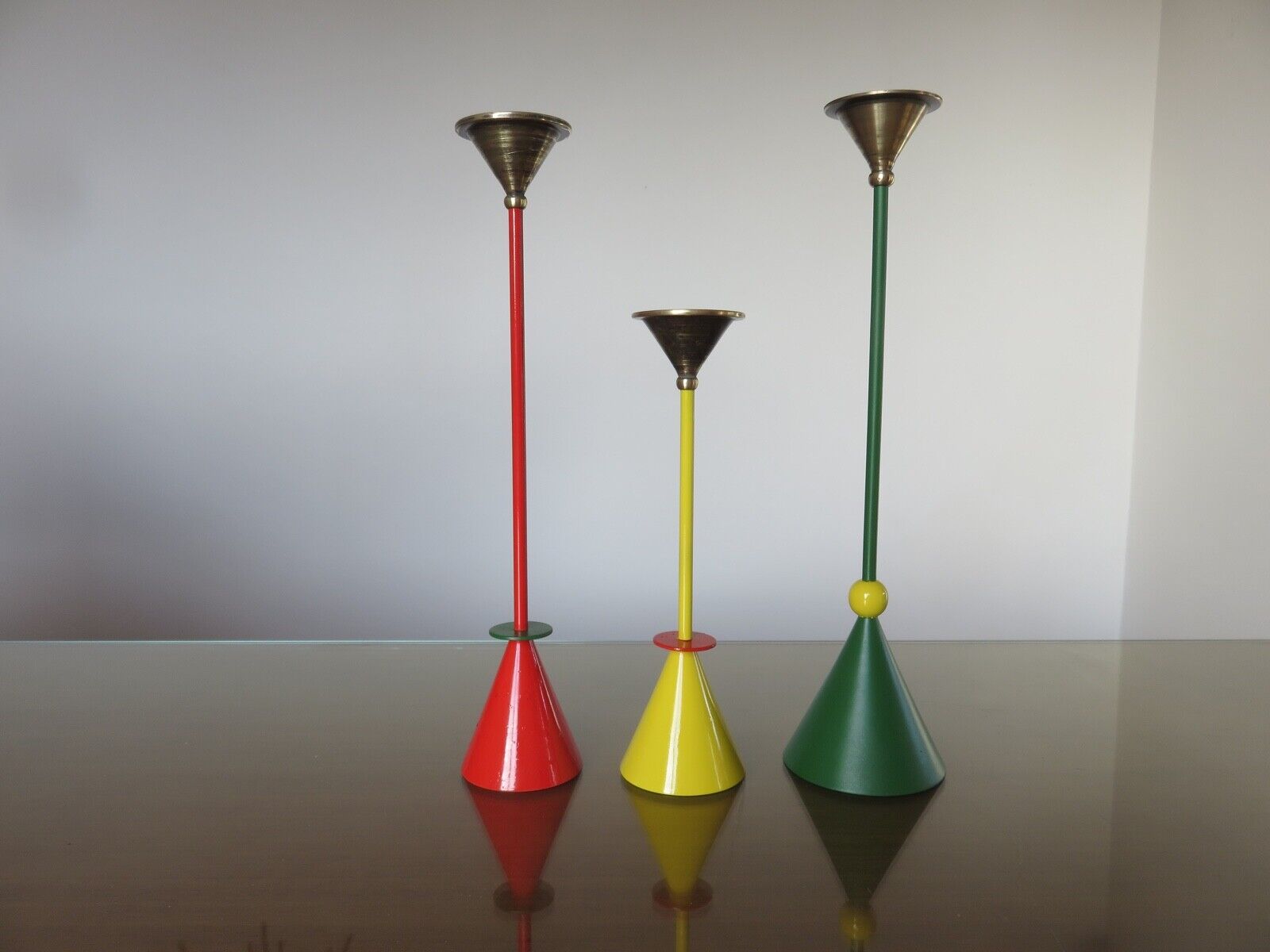 Series of 3 large candle holders signed Christian De Beaumont Memphis style in solid bronze 1980