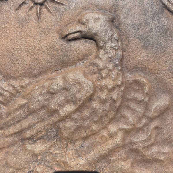 Ancienne plaque de cheminée en fonte ,décor aigle et soleil, 47 × 47 cm