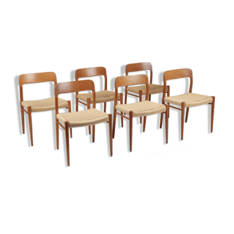 Niels Otto Moller 6 model chairs No. 75 in solid teak, seated in rope -1960
