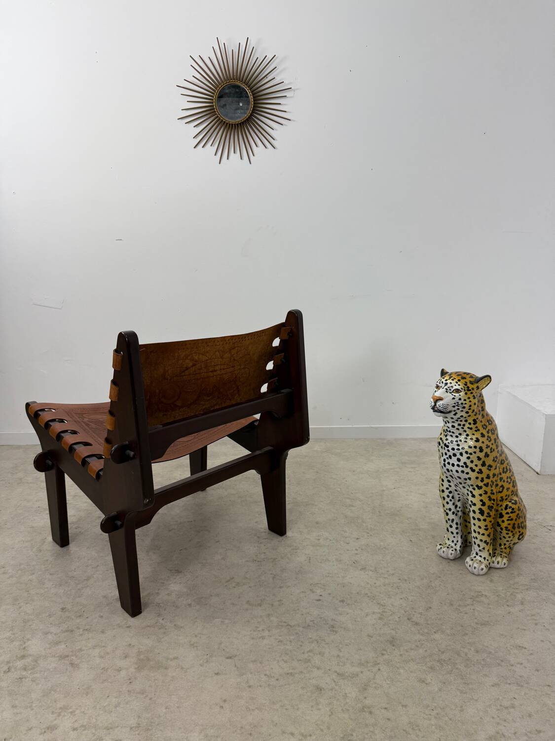 Vintage teak and leather armchair design Angel Pazmino brand Ecuador vintage 1960