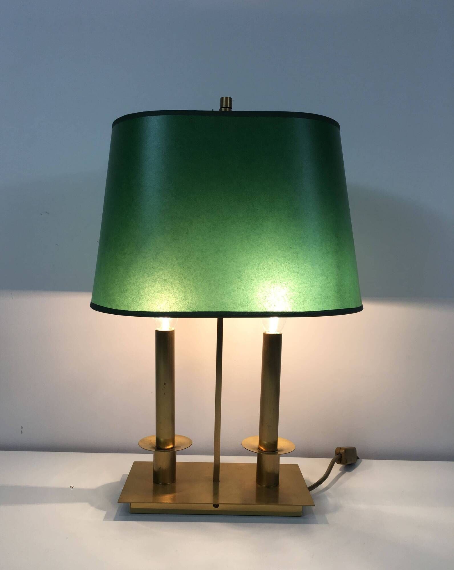 Pair of Two-Light Table Lamps in Brass with Green Shades. Work F