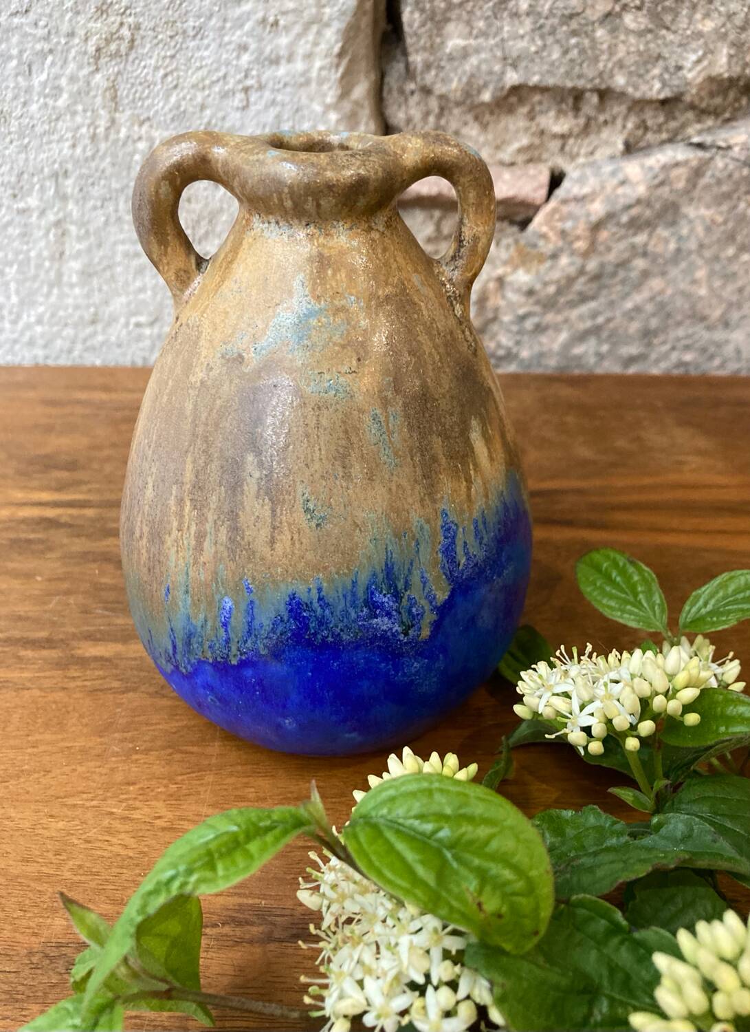 Vase grès flammé beige et bleu années 20/30