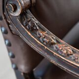 19th century beechwood, metal, and leather throne