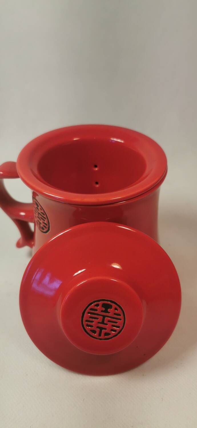 Teapot DUO red ceramic Asian black pattern with 2 cups