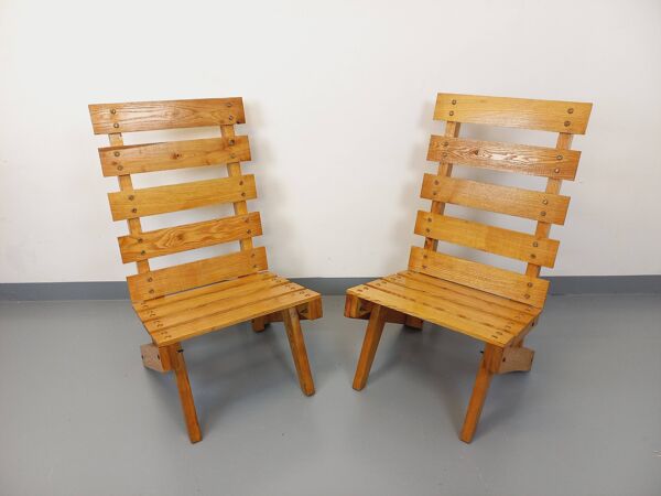Paire de fauteuils, chauffeuses vintage brutalistes à lattes en bois