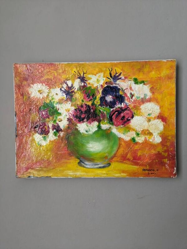 Acrylique sur toile tableau ancien nature morte vintage décoration campagne